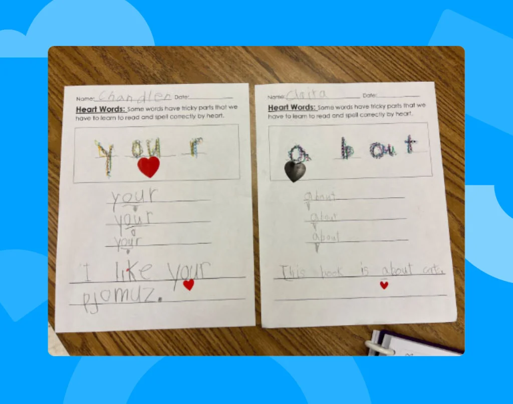 Completed student worksheets on irregularly spelled high-frequency words.