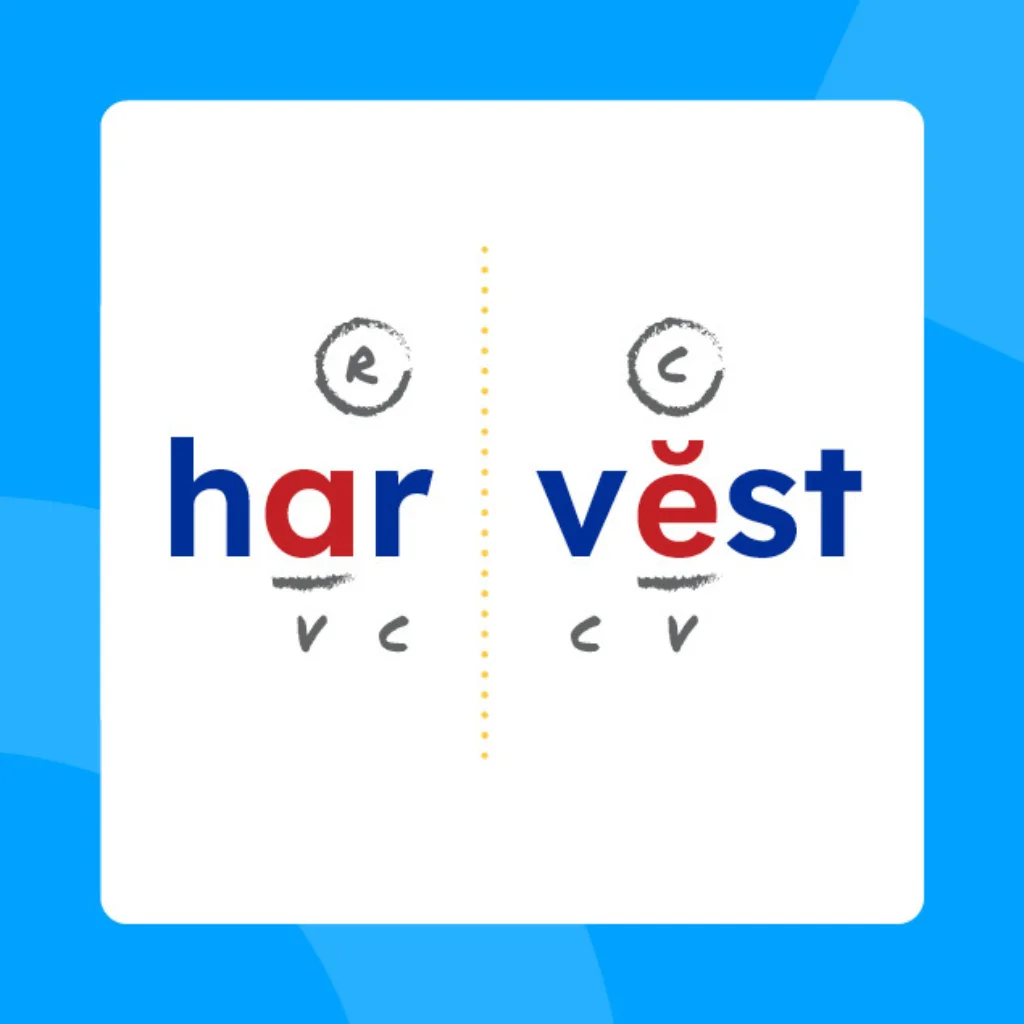 The word harvest split between the 'r' and 'v' with the vowels and consonants marked.