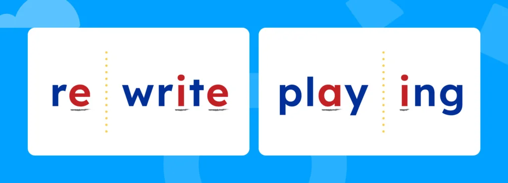 The words "rewrite" and "playing" divided into syllables and the vowels are underlined.