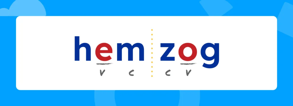 Nonsense word "hemzong" divided into syllables and the vowels and consonants are marked.