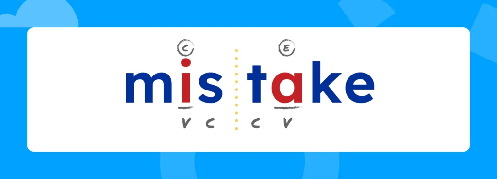The word "mistake" with open and closed syllables, vowels, and consonants marked.