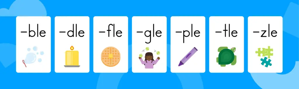 The seven '-le' endings and example word illustrations.