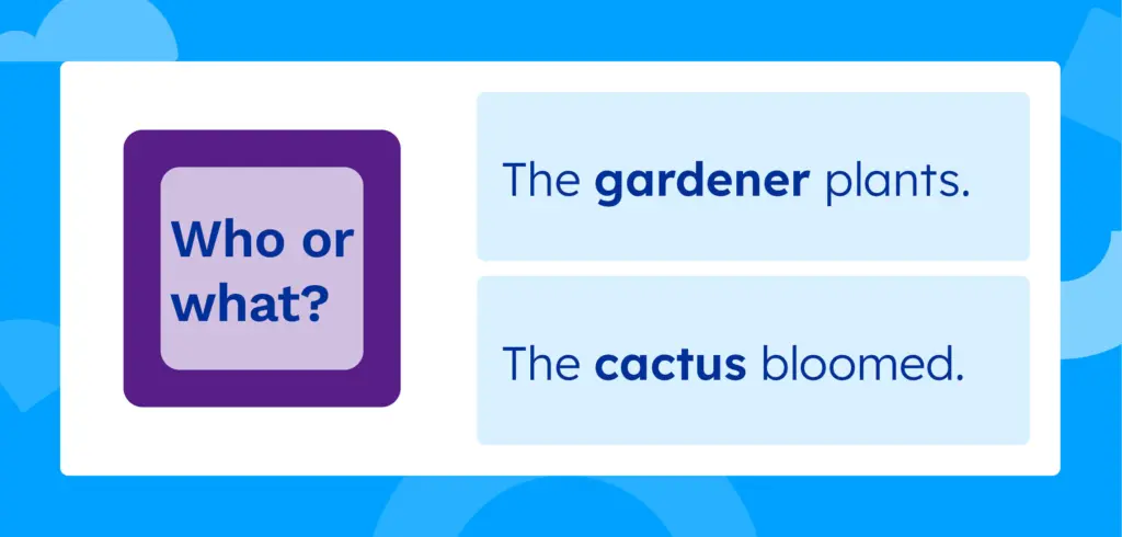 Who or what? "The GARDENER plants." "The CACTUS bloomed."