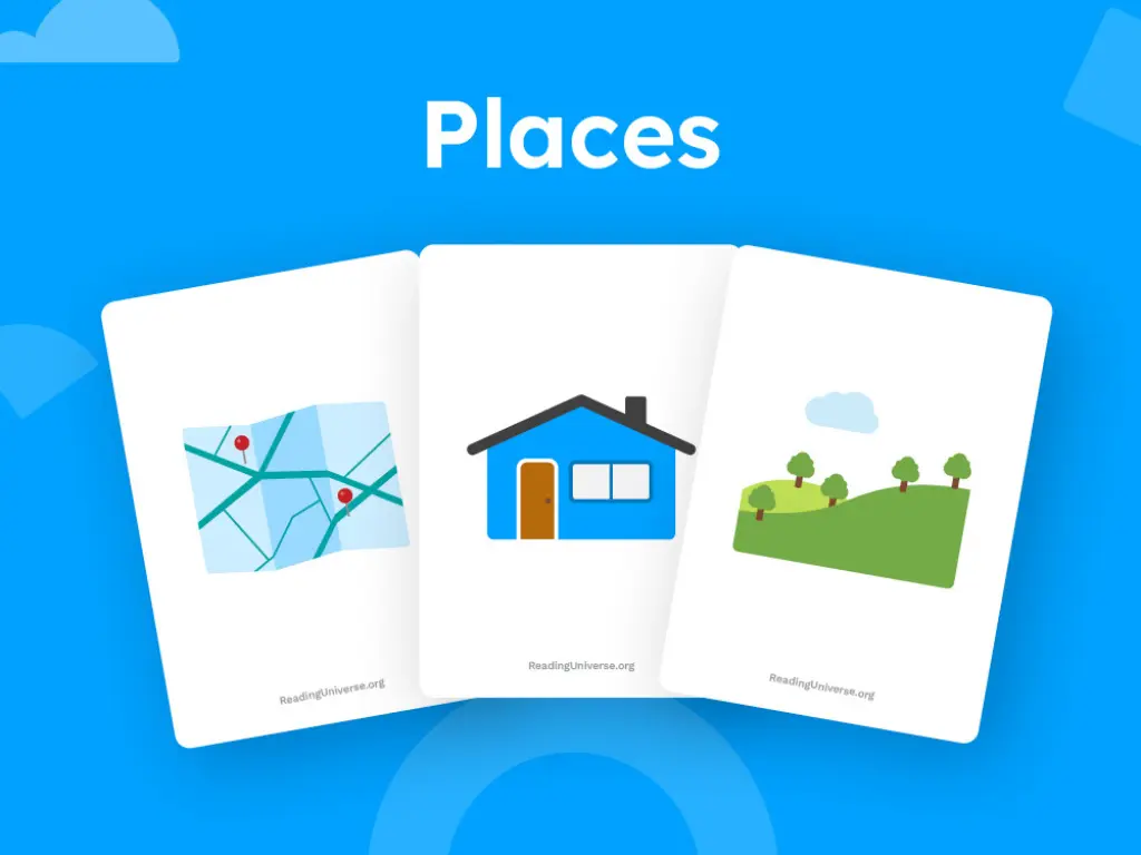 Cards with images showing different examples of places.