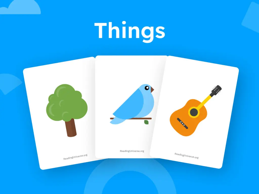 Cards with examples of things - tree, bird, guitar.