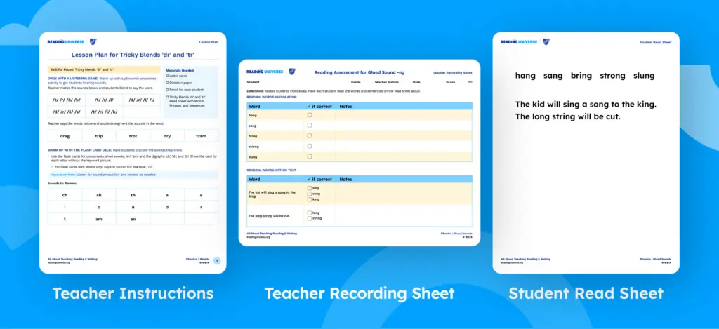 teacher instructions, teacher recording sheet, student read sheet examples from Reading Universe's assessments