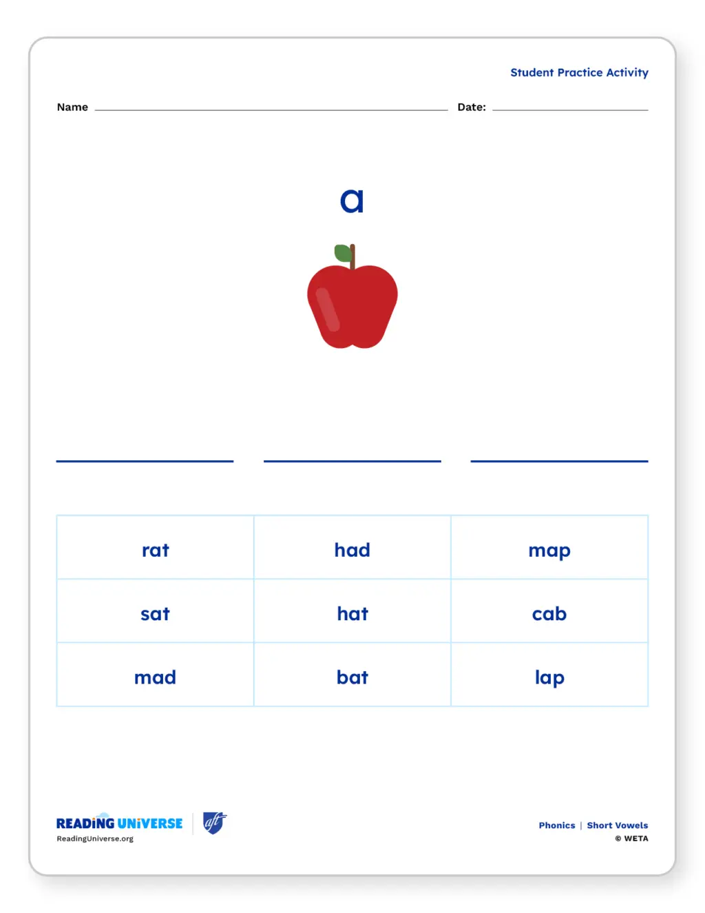Worksheet for 'a' words to practice short vowels.