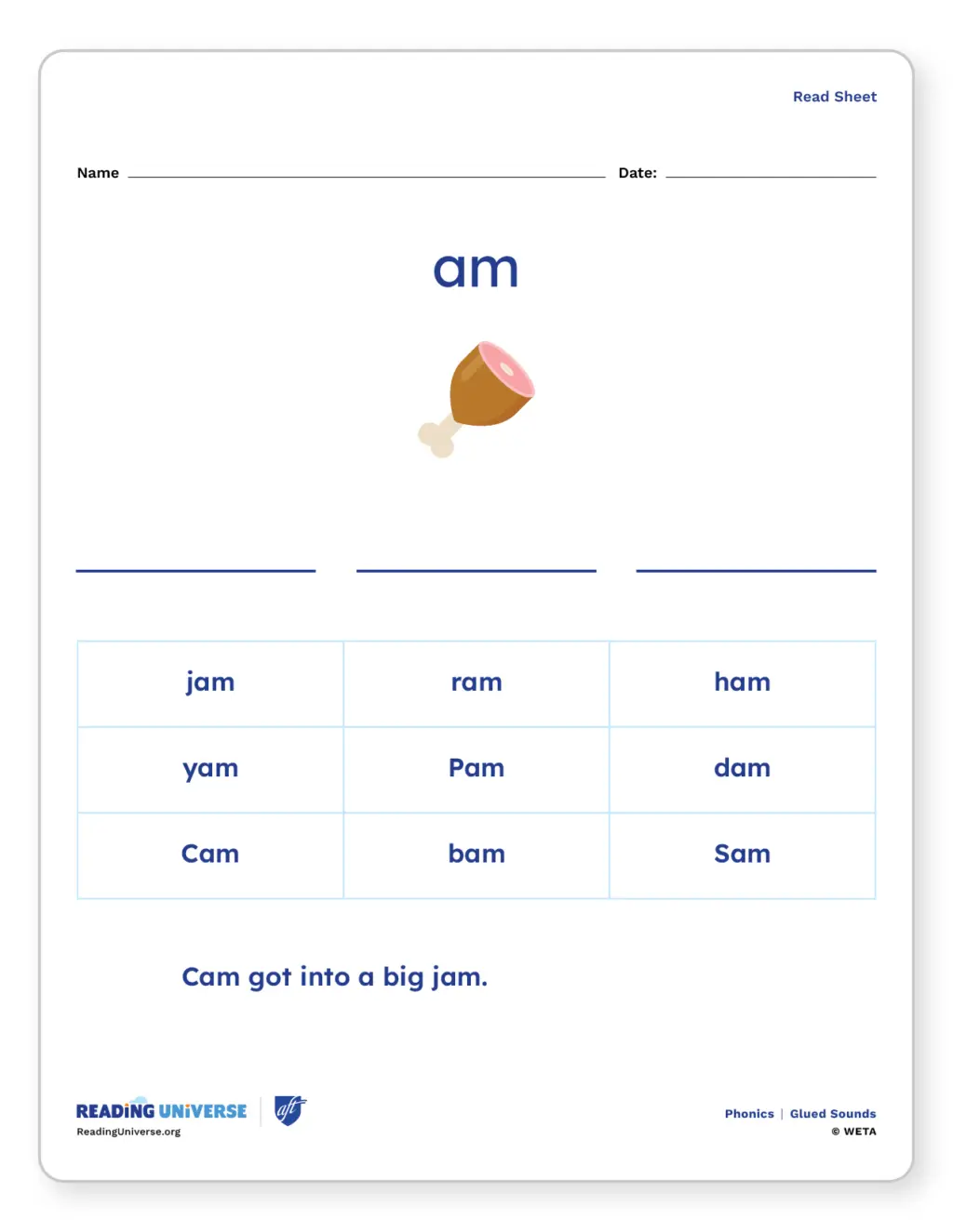 Worksheet with words using 'am' to practiced glued sounds.