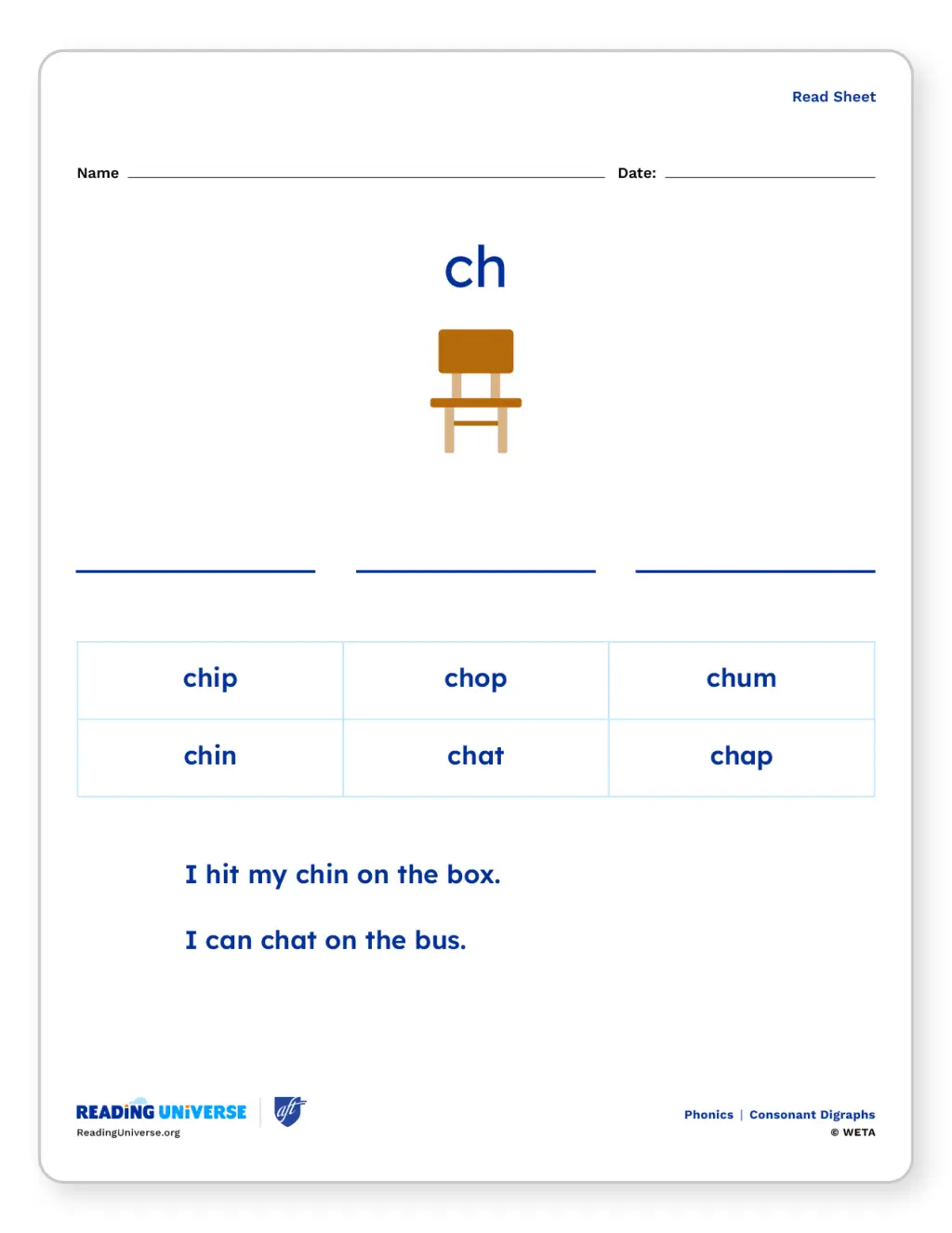 Worksheet of words with 'ch' to practice consonant digraphs.