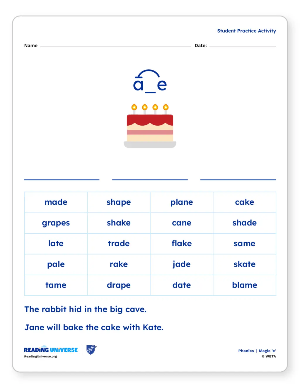 Worksheet with 'a_e' words like "cake," to practice magic 'e'.