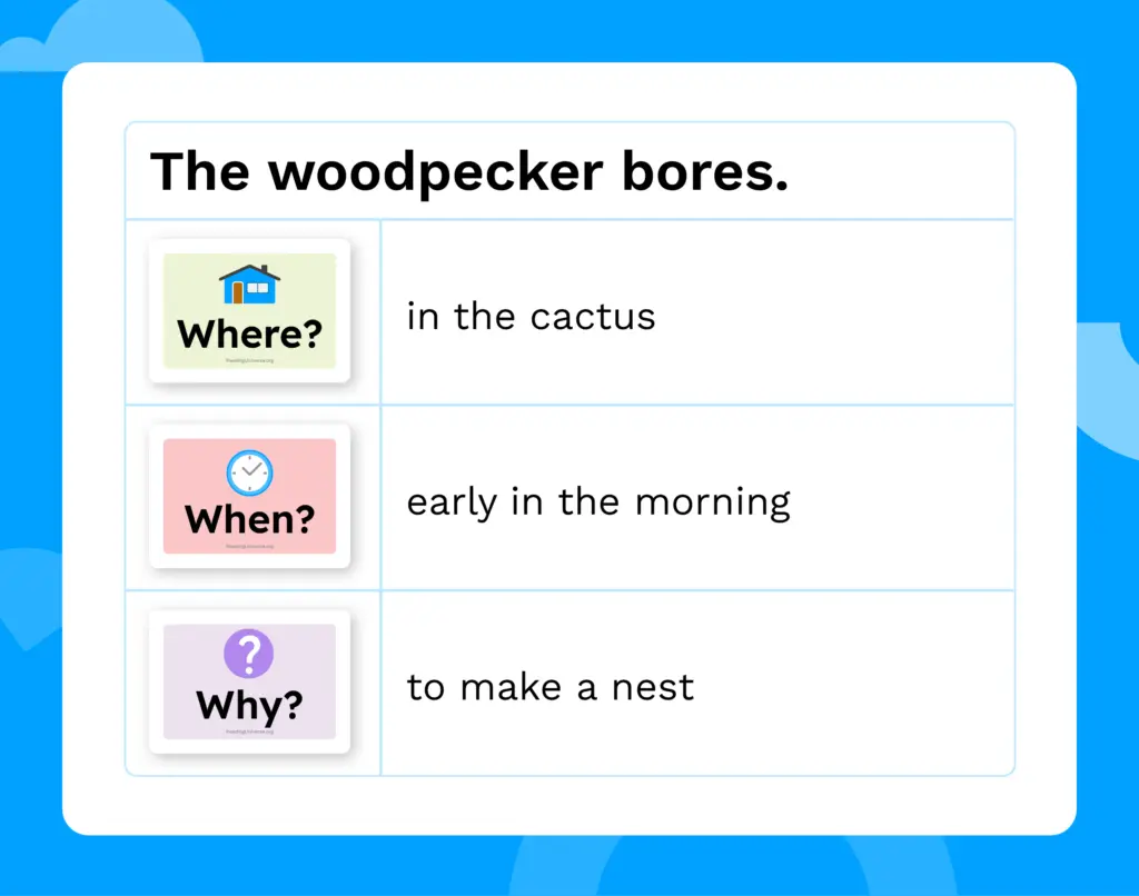 Sentence "The woodpecker bores" followed by answers to the questions Where?, When?, and Why?