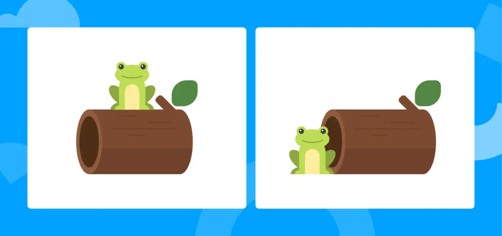 Two illustrations: one of a frog on top of a log and one of a frog beside a log.