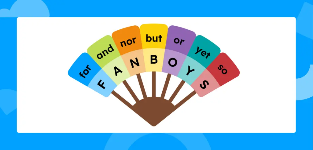 A colored fan showing the acronym F.A.N.B.O.Y.S., which stands for the conjunction words for, and, nor, but, or, yet, and so.