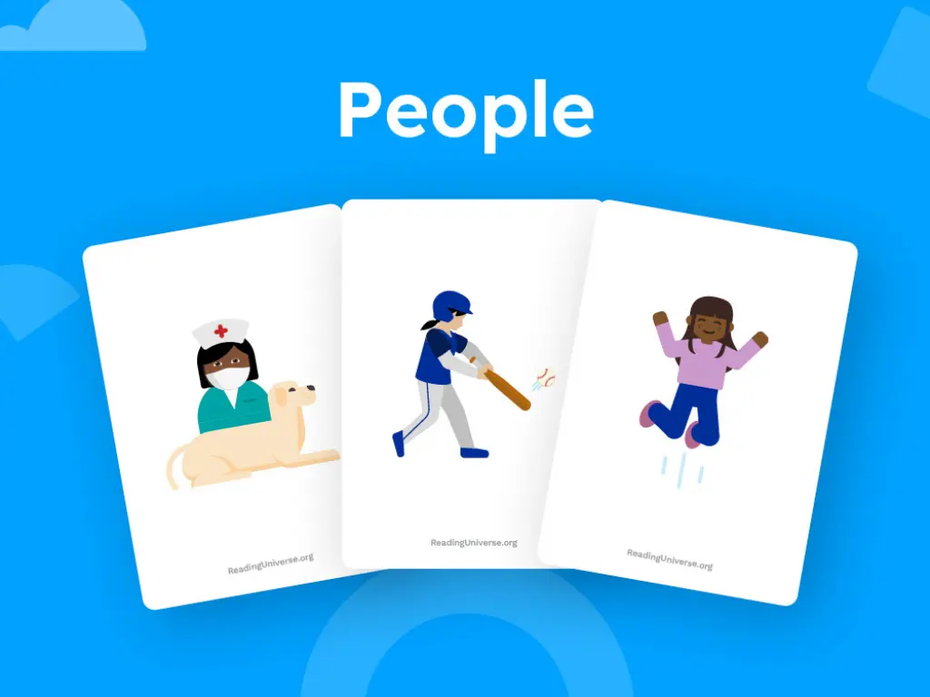 Three cards of "people" that show a vet, a baseball player, and a girl jumping.