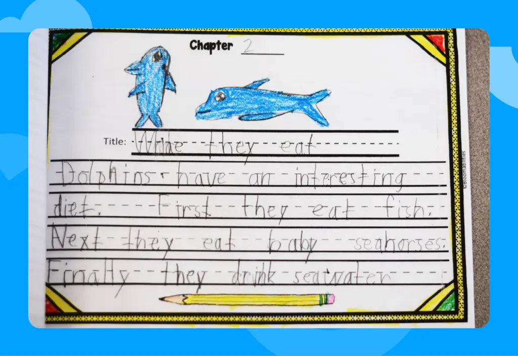 Example of student's writing about dolphins.