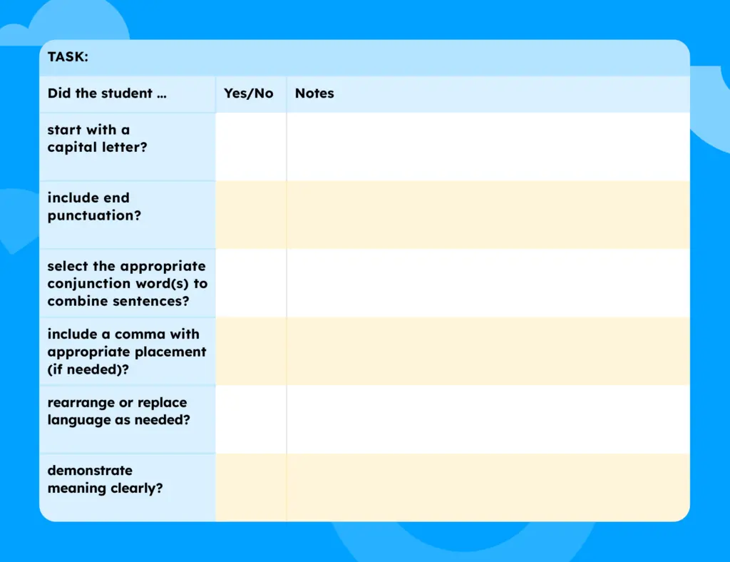 An organizer for checking students work with sentence combining. The task, yes/no, and any notes.