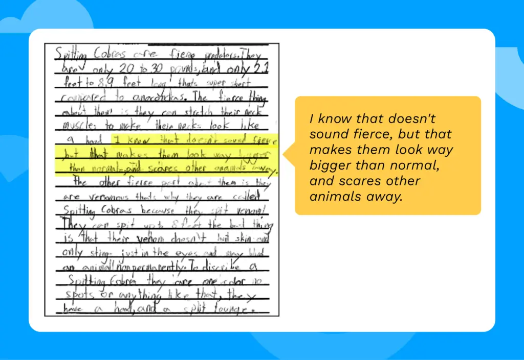 A student writing sample with a portion highlighted.