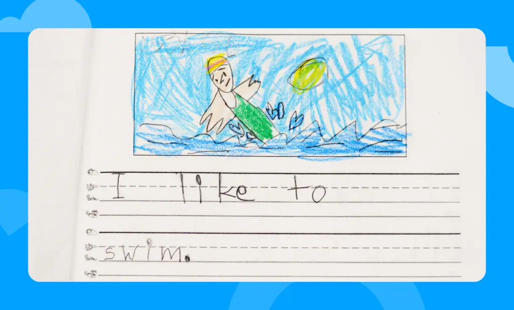 Student example with drawing and the sentence "I like to swim."