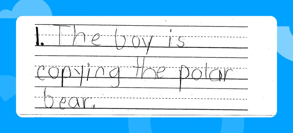 Student writing example: The boy is copying the polar bear.