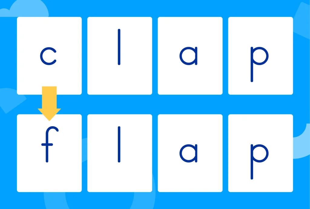 Showing "clap" becoming "flap" with a single letter change.