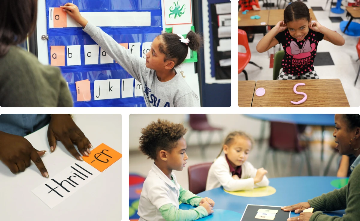 Photo collage of students in classroom.