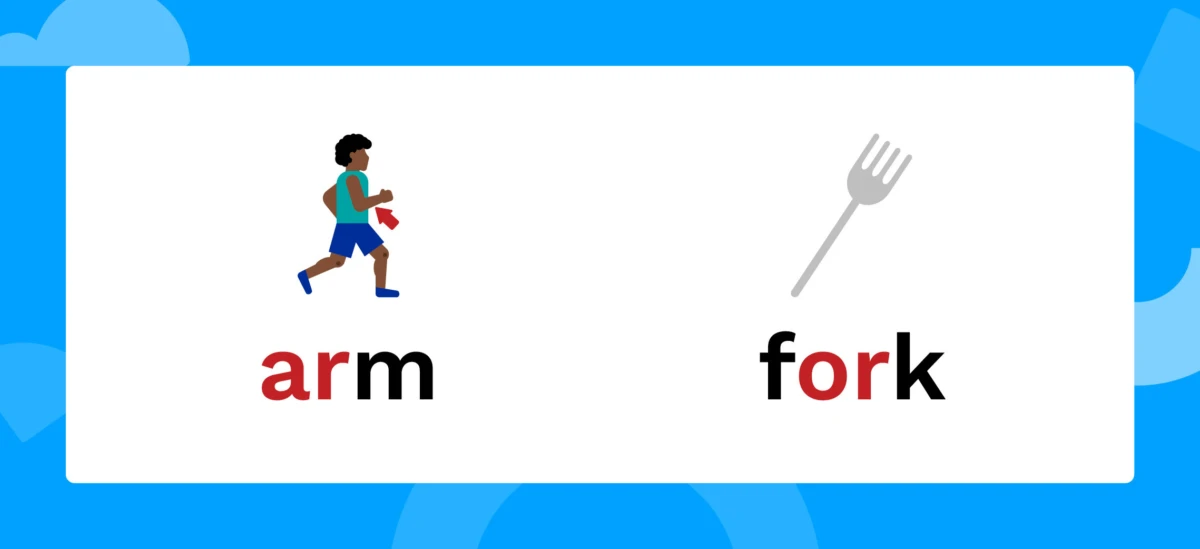 The words arm and for with the 'ar' and 'or' highlighted.