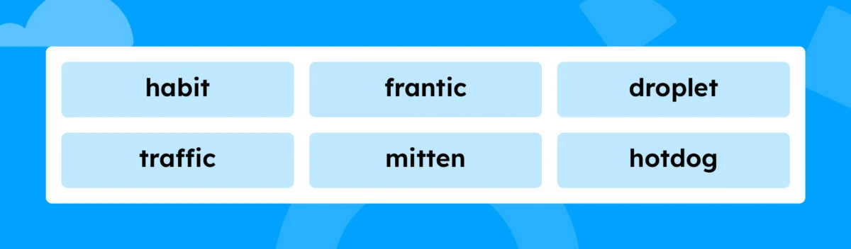 The words habit, frantic, droplet, traffic, mitten, hotdog.