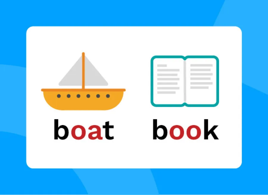 The words boat and book with the 'oa' and 'oo' highlighted.