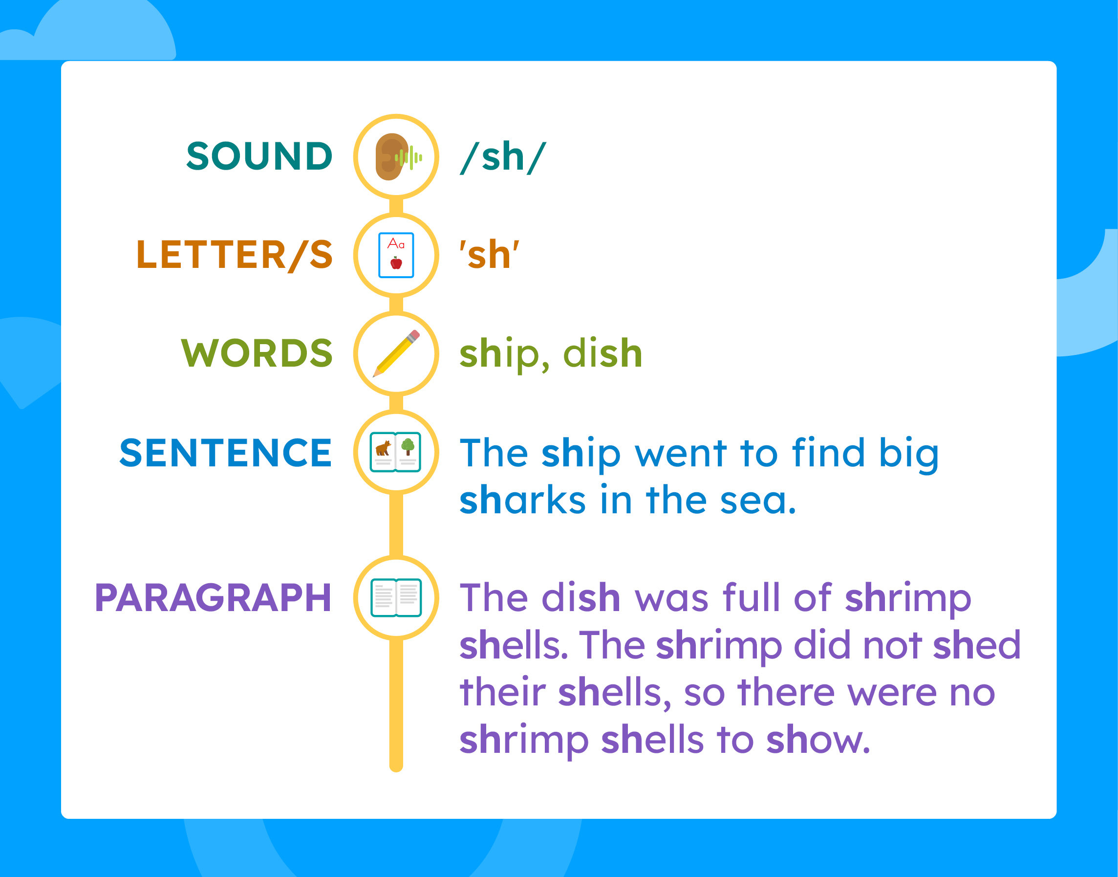 Ilustration of path from sound to letter to words to sentence to paragraph.