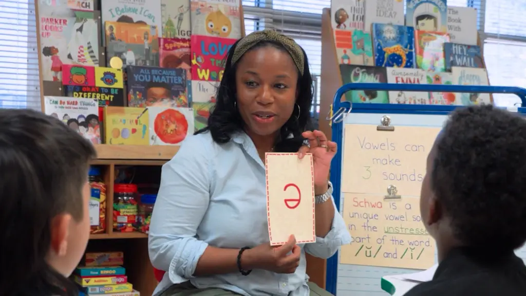 Teacher showing small group a schwa flashcard for the upside down 'e' representation.
