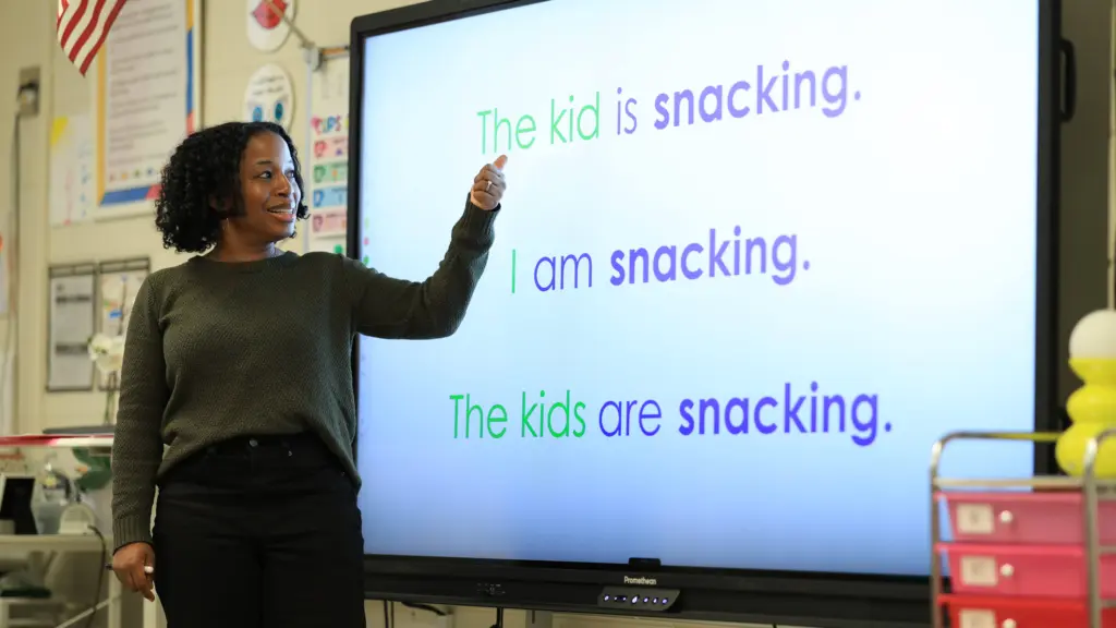 Teacher doing grammar lesson with a smart board.