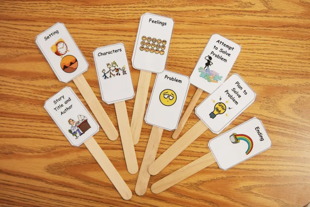 Popsicle sticks with grammar prompts on them.