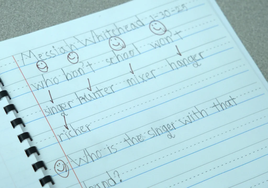 student sample dictation with suffix '-er'