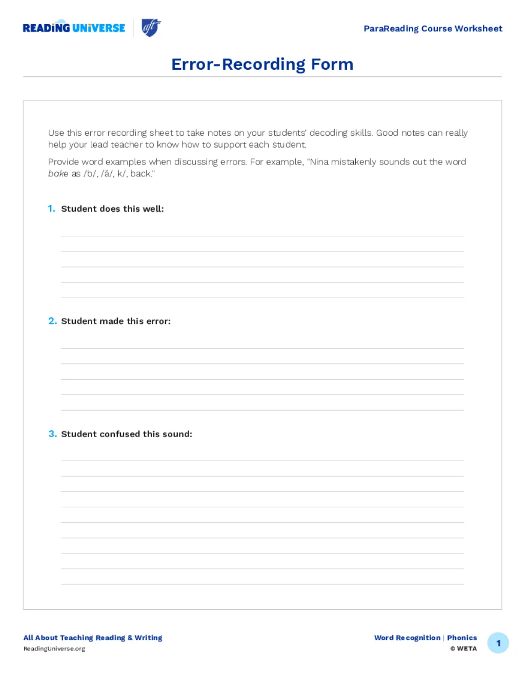 Error recording form reading universe
