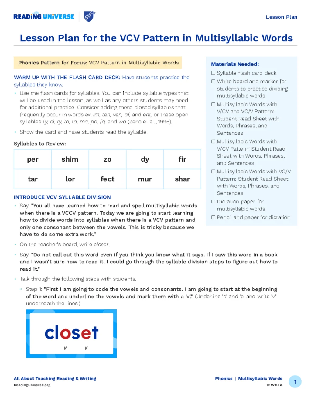 Lesson Plan for the VCV Pattern in Multisyllabic Words preview