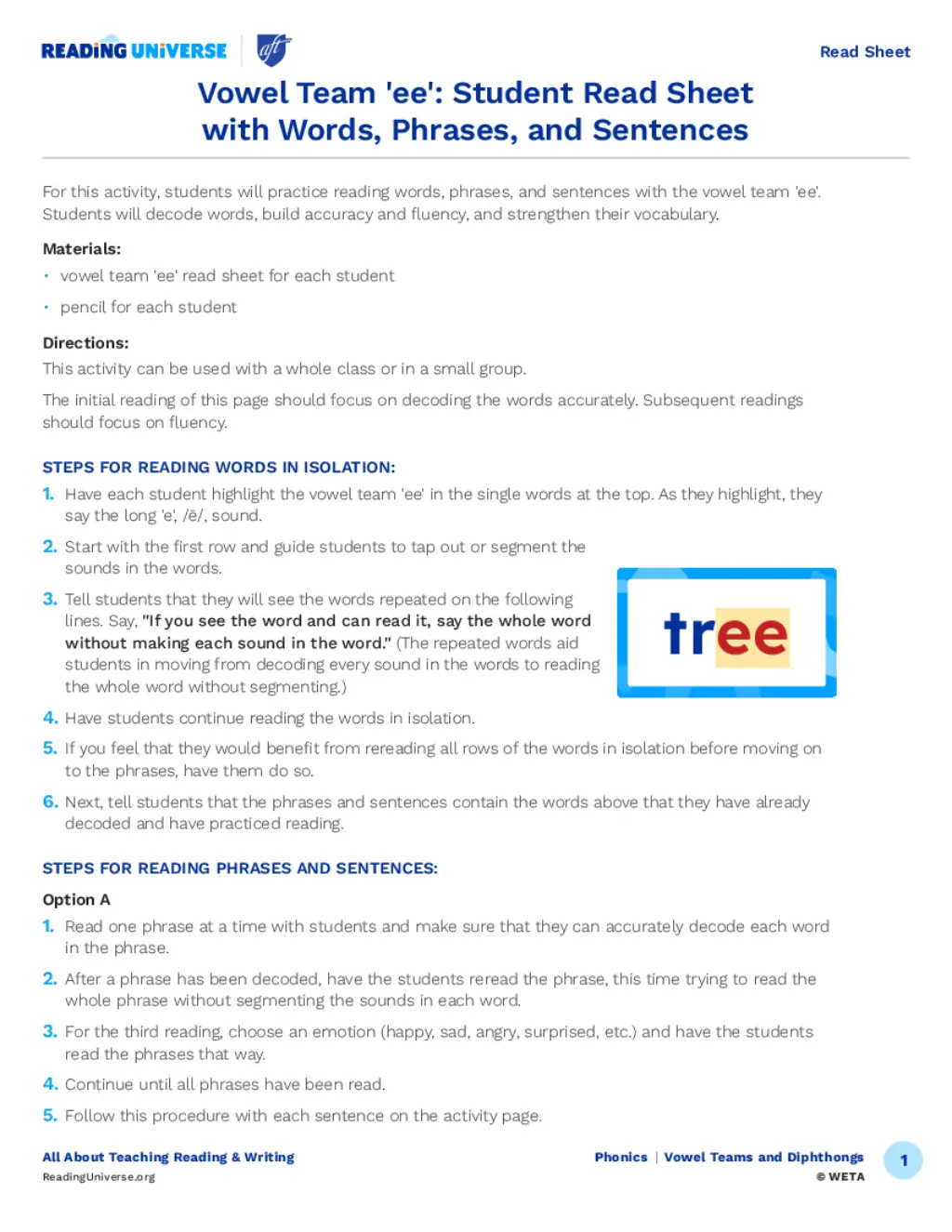 Vowel team ee student read sheet with words phrases and sentences reading universe