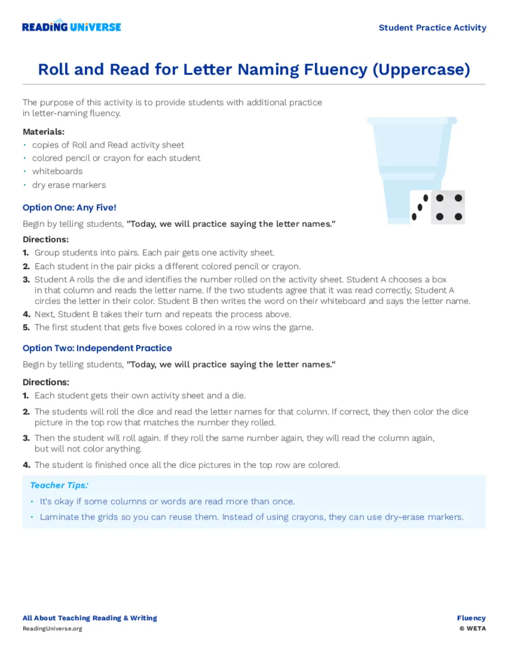 Fluency roll and read uppercase reading universe