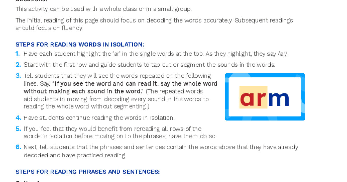 Reading Universe | R-Controlled Vowels: Read Sheet for ‘ar’ Words,…