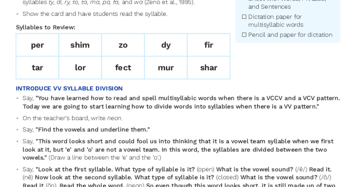 Reading Universe | Lesson Plan: VV Pattern in Multisyllabic Words